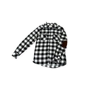 Ci Sono Womens Black & White Buffalo Plaid Button-Down Shirt With Brown Elbow Pa